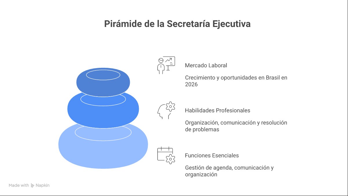 Infográfico mostrando as principais competências de um profissional de secretariado executivo, divididas entre habilidades técnicas (Idiomas, IA, Pacote Office) e comportamentais (Proatividade, Discrição, Inteligência Emocional).