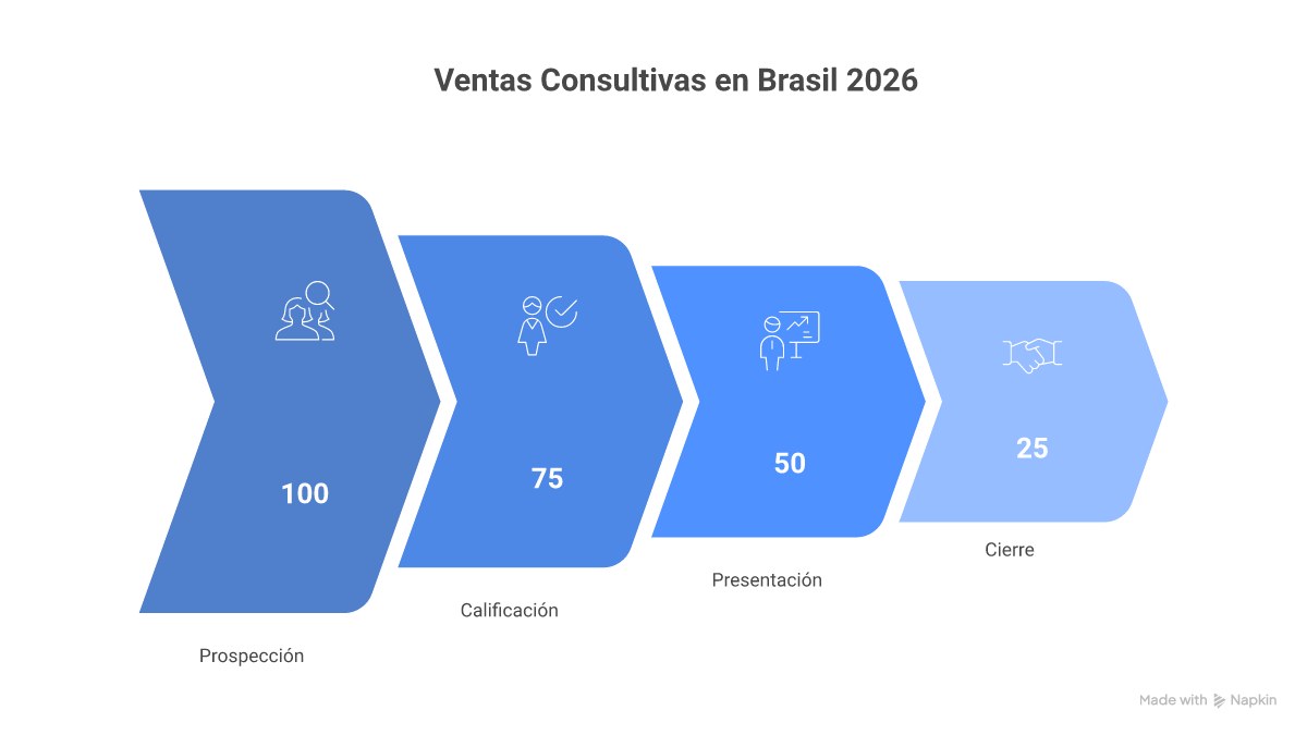 Infográfico mostrando o processo de vendas consultivas em 7 etapas, desde a pesquisa e preparação, passando pelo diagnóstico, até o pós-venda e relacionamento.