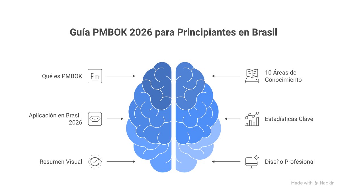 Infográfico mostrando as 10 áreas de conhecimento do PMBOK e como elas se conectam no ciclo de vida de um projeto, desde a integração até a gestão de stakeholders.