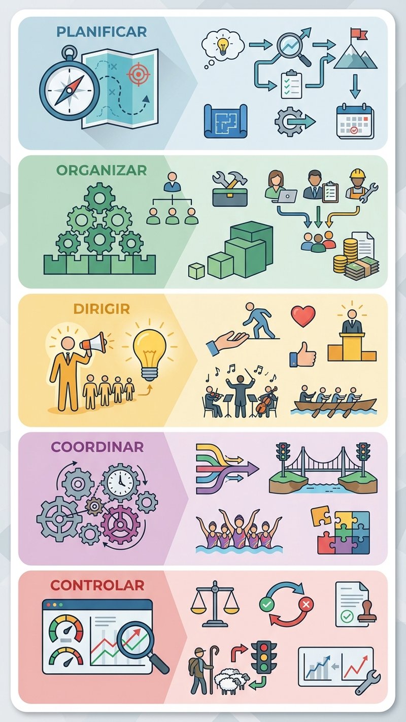 As 5 funções da administração: planejar, organizar, dirigir, coordenar, controlar
