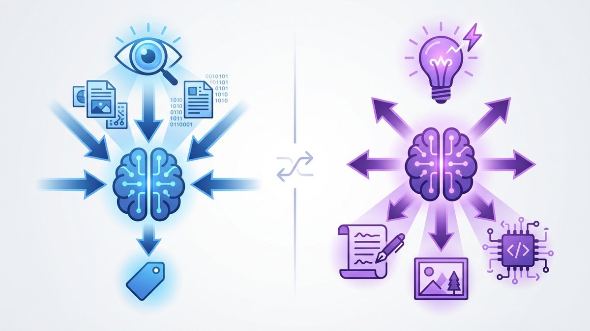 Diagrama comparativo: IA Tradicional (analisa) vs IA Generativa (cria)