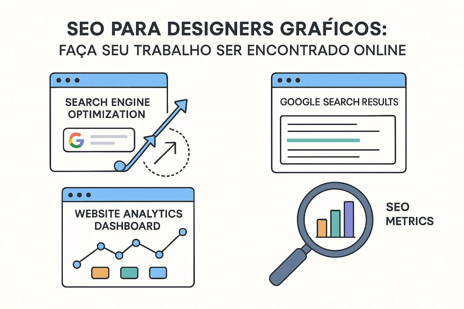 Designer gráfico otimizando um portfólio digital para SEO, com ícones de lupa e gráficos.