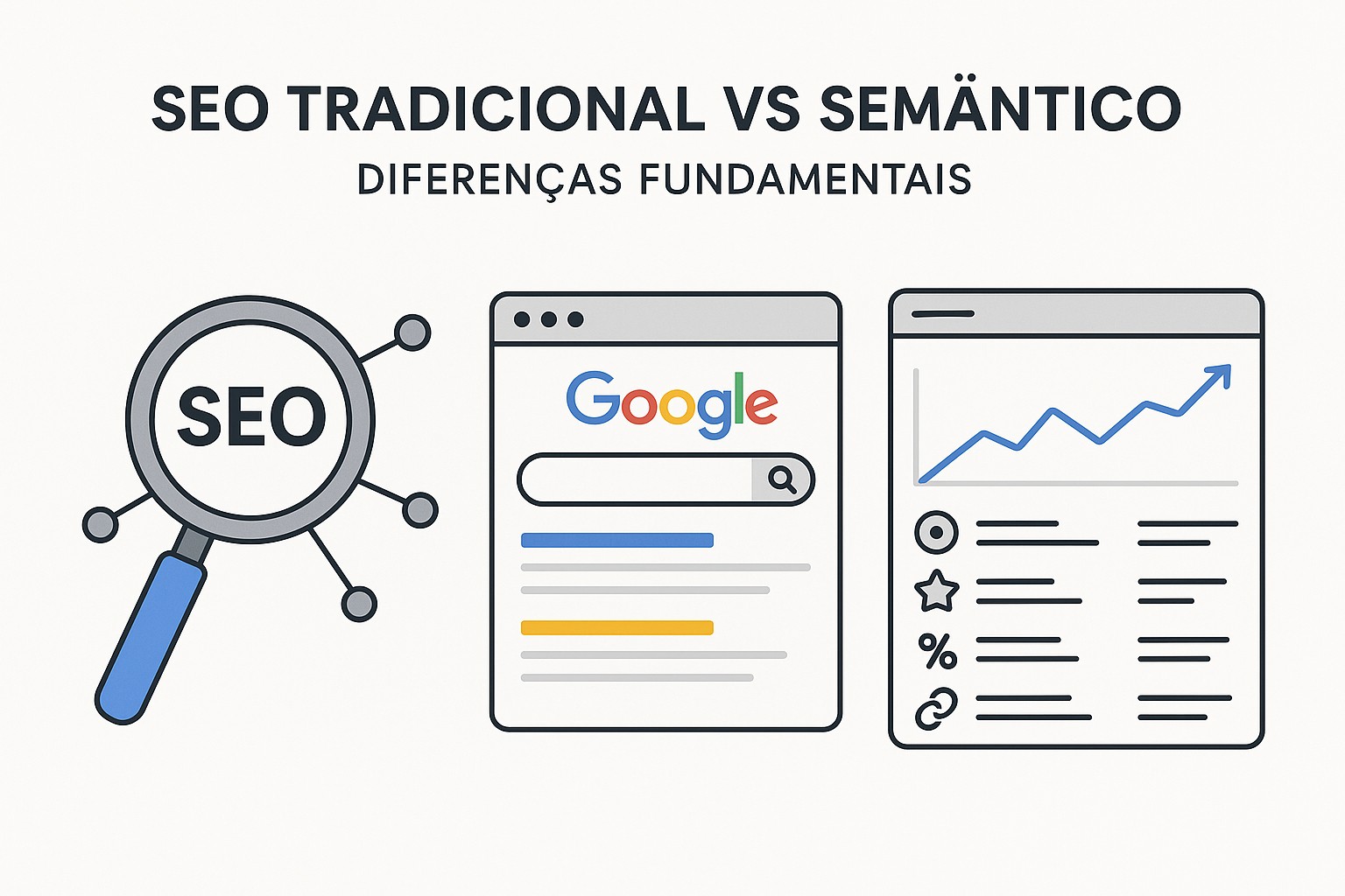 Comparativo visual de SEO tradicional vs SEO semântico: diferenças em abordagem, técnicas e resultados